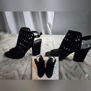 Vintage Christian Siriano Black Suede Cutout Block Heel Sandals- Size 7 Platform